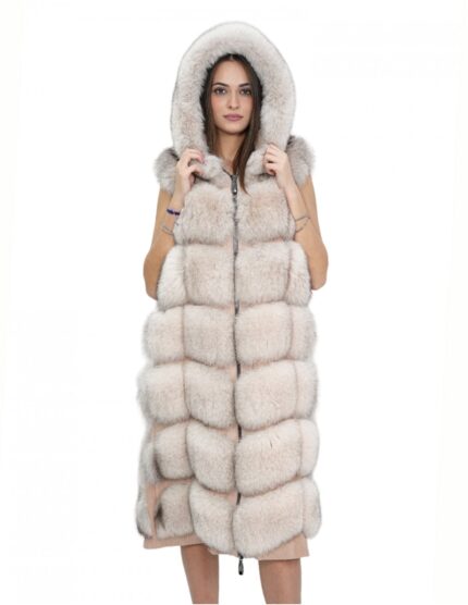 Gilet lungo in pelliccia di volpe rosa 52 con cappuccio e pelle scamosciata 112 centimetri