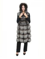 Long vest in silver fox fur 48 with hood and suede 112cm - Image 5