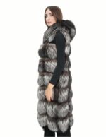Long vest in silver fox fur 48 with hood and suede 112cm - Image 3