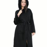 Cappotto nero 54 in lana e pelliccia di volpe cashmere con cappuccio cintura chiusura bottoni