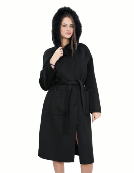 Cappotto nero 50 in lana e pelliccia di volpe cashmere con cappuccio cintura chiusura bottoni