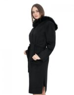 Black 50 coat in wool and fox fur cashmere with hood belt and button closure - Image 3