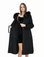 Black 50 coat in wool and fox fur cashmere with hood belt and button closure - Image 7