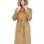 Cappotto cammello 48 in lana e pelliccia di volpe cashmere con cappuccio cintura chiusura bottoni