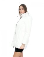 Piumino bianco panna 46 con stoffa sul davanti e sulle maniche lunghe cappuccio zip