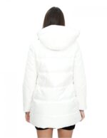 Piumino bianco panna 46 con stoffa sul davanti e sulle maniche lunghe cappuccio zip