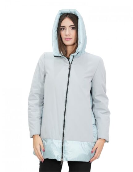 Piumino celeste 52 con stoffa sul davanti e sulle maniche lunghe cappuccio zip