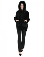 Giacca con pelliccia montone e bordo tasche volpe nero 56 con cappuccio chiusura bottoni tasche esterne