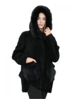 Giacca con pelliccia montone e bordo tasche volpe nero 56 con cappuccio chiusura bottoni tasche esterne