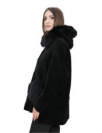 Giacca con pelliccia montone e bordo tasche volpe nero 56 con cappuccio chiusura bottoni tasche esterne