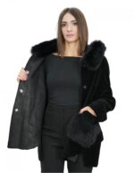 Giacca con pelliccia montone e bordo tasche volpe nero 56 con cappuccio chiusura bottoni tasche esterne