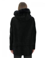 Giacca con pelliccia montone e bordo tasche volpe nero 56 con cappuccio chiusura bottoni tasche esterne