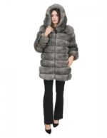 Giacca lunga con maniche 46 grigio pelliccia volpe orizzontale con pelle e cappuccio zip