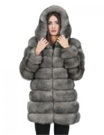 Giacca lunga con maniche 46 grigio pelliccia volpe orizzontale con pelle e cappuccio zip