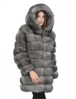 Giacca lunga con maniche 46 grigio pelliccia volpe orizzontale con pelle e cappuccio zip