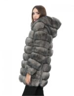 Giacca lunga con maniche 46 grigio pelliccia volpe orizzontale con pelle e cappuccio zip