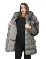 Giacca lunga con maniche 46 grigio pelliccia volpe orizzontale con pelle e cappuccio zip