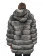 Giacca lunga con maniche 46 grigio pelliccia volpe orizzontale con pelle e cappuccio zip