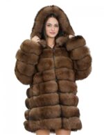 Giacca lunga con maniche marrone 48 pelliccia volpe orizzontale con pelle e cappuccio zip
