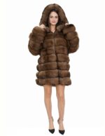 Lange Jacke mit braunen Ärmeln 52 horizontales Fuchsfell mit Leder und Kapuze mit Reißverschluss – Bild 5