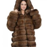 Giacca lunga con maniche marrone 52 pelliccia volpe orizzontale con pelle e cappuccio zip