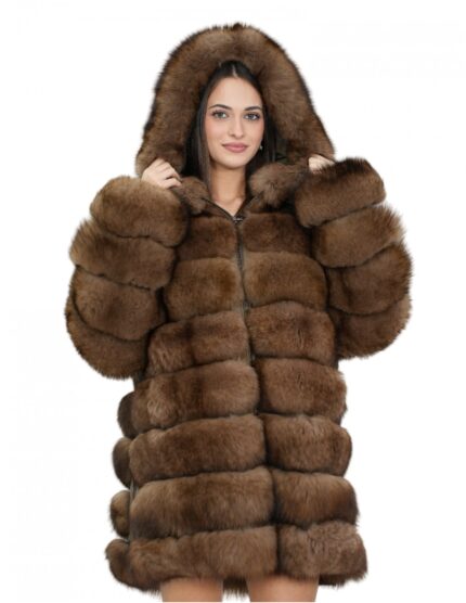 Giacca lunga con maniche marrone 52 pelliccia volpe orizzontale con pelle e cappuccio zip