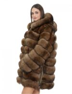 Lange Jacke mit braunen Ärmeln 52 horizontales Fuchsfell mit Leder und Kapuze mit Reißverschluss – Bild 3