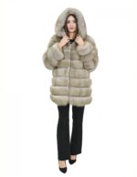 Giacca lunga con maniche beige 50 pelliccia volpe orizzontale con pelle e cappuccio zip