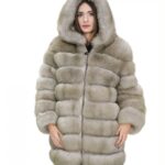Giacca lunga con maniche beige 50 pelliccia volpe orizzontale con pelle e cappuccio zip