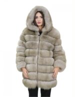 Giacca lunga con maniche beige 50 pelliccia volpe orizzontale con pelle e cappuccio zip