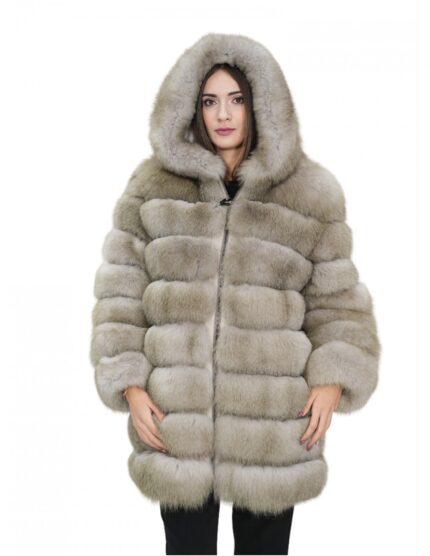 Giacca lunga con maniche beige 50 pelliccia volpe orizzontale con pelle e cappuccio zip