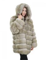 Giacca lunga con maniche beige 50 pelliccia volpe orizzontale con pelle e cappuccio zip