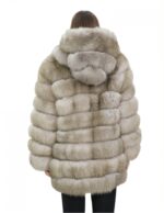 Giacca lunga con maniche beige 46 pelliccia volpe orizzontale con pelle e cappuccio zip