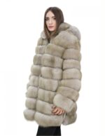 Long jacket with beige sleeves 54 horizontal fox fur with leather and zip hood - Image 3