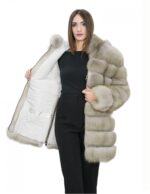 Long jacket with beige sleeves 54 horizontal fox fur with leather and zip hood - Image 7
