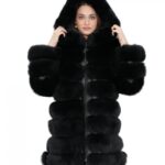 Giacca lunga con maniche nero 48 pelliccia volpe orizzontale con pelle e cappuccio zip