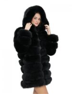 Long jacket with sleeves black 48 horizontal fox fur with leather and zip hood 1 - Image 4