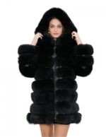 Giacca lunga con maniche nero 52 pelliccia volpe orizzontale con pelle e cappuccio zip