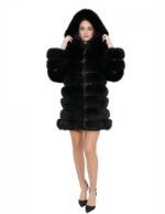 Long jacket with sleeves black 52 fur fox horizontal with leather and zip hood - Image 5