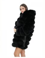 Long jacket with sleeves black 52 fur fox horizontal with leather and zip hood - Image 3