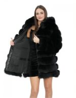 Long jacket with sleeves black 48 horizontal fox fur with leather and zip hood 1 - Image 7