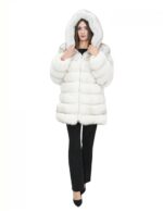 Giacca lunga con maniche bianco 44 pelliccia volpe orizzontale con pelle e cappuccio zip