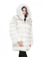 Giacca lunga con maniche bianco 44 pelliccia volpe orizzontale con pelle e cappuccio zip