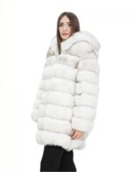 Giacca lunga con maniche bianco 44 pelliccia volpe orizzontale con pelle e cappuccio zip