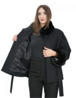 Mantellina nero 44-52 tessuto misto lana e collo pelliccia visone chiusura calamita e con cinta e tasche