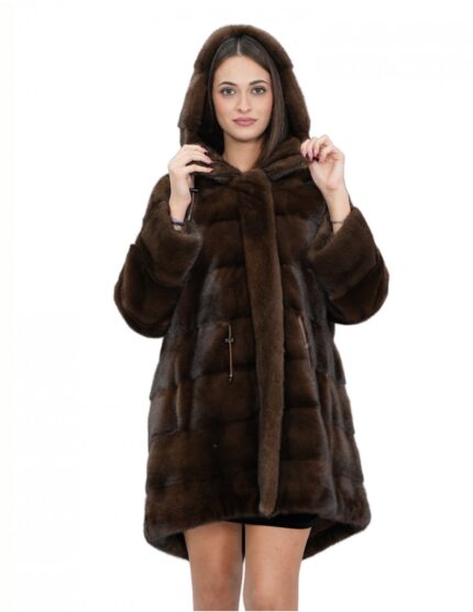 Cappotto parka 50 scanbrown pelliccia visone con cappuccio coulisse vita manica lunga