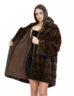 Parka Mantel 50 scanbrown Pelz Nerz mit Kapuze Kordelzug Taille langarm – Bild 7