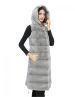 Gilet 94 cm grigio zaffiro visone orizzontale donna 42 pelliccia cappuccio coulisse