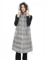 Gilet 94 cm grigio zaffiro visone orizzontale donna 50 pelliccia cappuccio coulisse