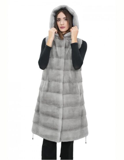 Gilet 94 cm grigio zaffiro visone orizzontale donna 50 pelliccia cappuccio coulisse